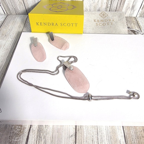Kendra Scott Jewelry - Kendra Scott Rose Quartz Necklace and Earrings Set Silver Rhodium Adjustable